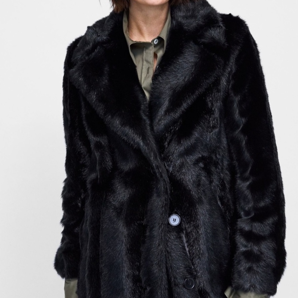 Zara NWT black lapel collar faux fur coat - Picture 6 of 10